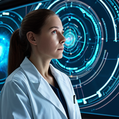Home 14 A contemplative female scientist, fully clothed in a modest, professional lab coat, stands in a sleek, futuristic research laboratory. Holographic projections of cosmic phenomena like nebulae and galaxies, intertwined with intricate biological diagrams of DNA strands and neural pathways, float around her. She gazes thoughtfully at the projections, her expression reflecting deep wonder and intellectual curiosity. The setting is impeccably clean, brightly lit, and radiates an atmosphere of both scientific precision and profound mystery. Perfect anatomy, correct proportions, natural pose, well-formed hands, proper finger count. Professional photography, high quality, safe for work, appropriate content, family-friendly.