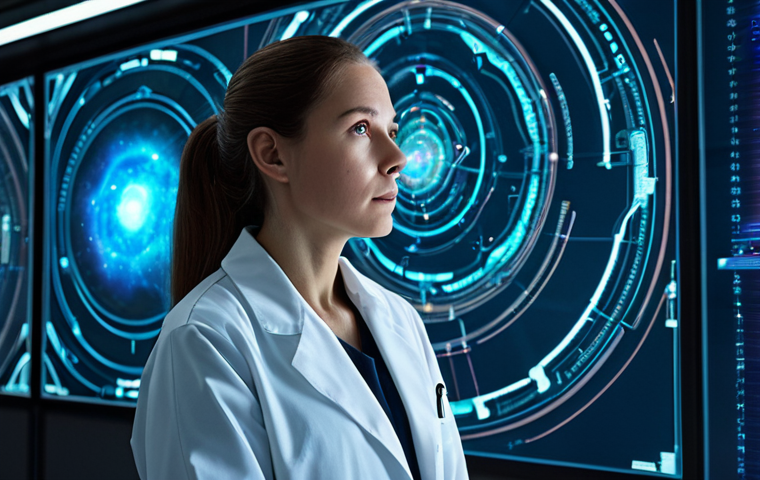 A contemplative female scientist, fully clothed in a modest, professional lab coat, stands in a sleek, futuristic research laboratory. Holographic projections of cosmic phenomena like nebulae and galaxies, intertwined with intricate biological diagrams of DNA strands and neural pathways, float around her. She gazes thoughtfully at the projections, her expression reflecting deep wonder and intellectual curiosity. The setting is impeccably clean, brightly lit, and radiates an atmosphere of both scientific precision and profound mystery. Perfect anatomy, correct proportions, natural pose, well-formed hands, proper finger count. Professional photography, high quality, safe for work, appropriate content, family-friendly.