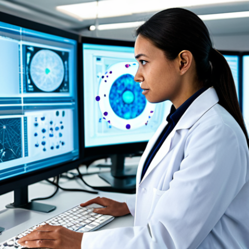 Home 7 A professional female scientist, fully clothed in a clean, modest lab coat and smart trousers, stands in a brightly lit, modern research laboratory. She is interacting with a transparent holographic display showcasing intricate 3D visualizations of molecular structures and complex data patterns. Advanced computing equipment with glowing screens is visible in the background, suggesting cutting-edge AI integration in scientific discovery. The scene conveys a focused, collaborative atmosphere. Perfect anatomy, correct proportions, natural pose, well-formed hands, proper finger count, natural body proportions, professional photography, high detail, high resolution, safe for work, appropriate content, fully clothed, professional, modest clothing, appropriate attire, professional dress, family-friendly.