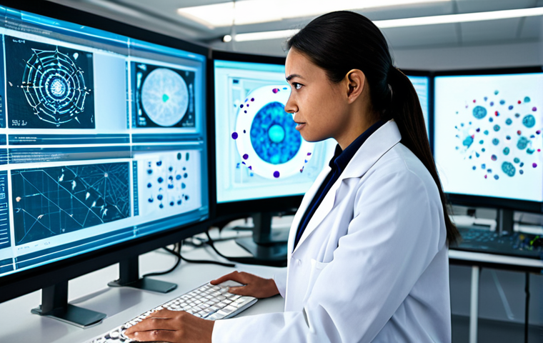 A professional female scientist, fully clothed in a clean, modest lab coat and smart trousers, stands in a brightly lit, modern research laboratory. She is interacting with a transparent holographic display showcasing intricate 3D visualizations of molecular structures and complex data patterns. Advanced computing equipment with glowing screens is visible in the background, suggesting cutting-edge AI integration in scientific discovery. The scene conveys a focused, collaborative atmosphere. Perfect anatomy, correct proportions, natural pose, well-formed hands, proper finger count, natural body proportions, professional photography, high detail, high resolution, safe for work, appropriate content, fully clothed, professional, modest clothing, appropriate attire, professional dress, family-friendly.