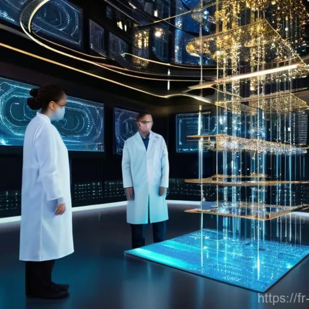 과학적 발견의 미래 방향 - **Quantum Computing Breakthrough**
"A stunningly futuristic laboratory scene featuring a glowing...