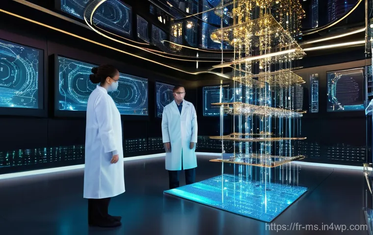 과학적 발견의 미래 방향 - **Quantum Computing Breakthrough**
"A stunningly futuristic laboratory scene featuring a glowing...