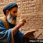 Home 17 고대 문명의 과학적 발견 정리 - An ancient Babylonian astronomer in a detailed clay tablet workshop, surrounded by cuneiform scripts...