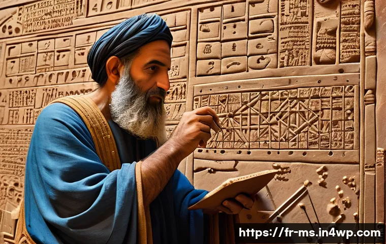 고대 문명의 과학적 발견 정리 - An ancient Babylonian astronomer in a detailed clay tablet workshop, surrounded by cuneiform scripts...