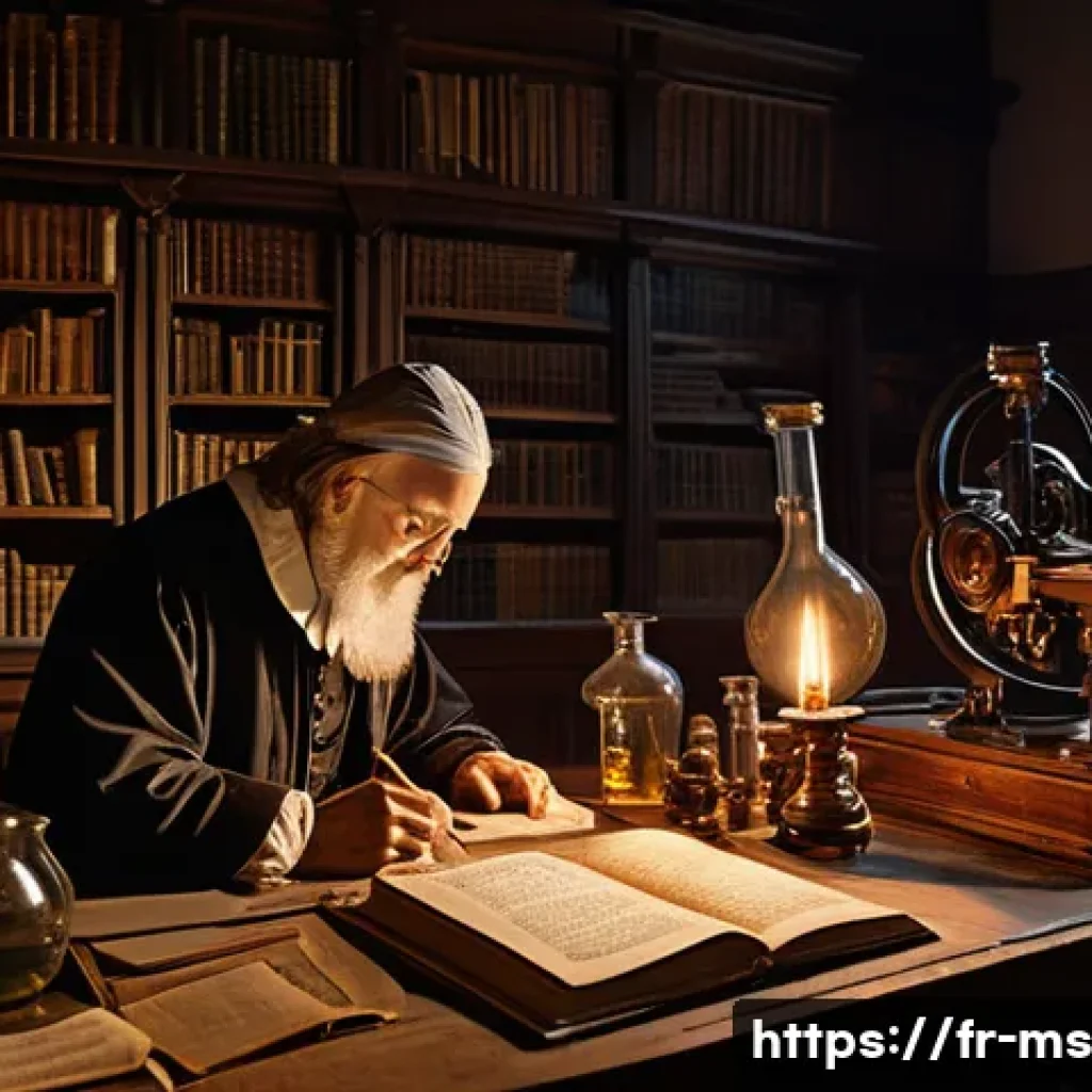 과학적 발견의 역사적 사건 목록 - A detailed scene of a 17th-century scientific laboratory featuring Francis Bacon and Galileo conduct...