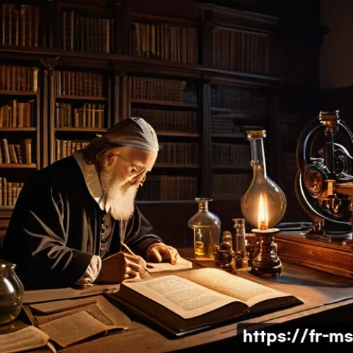Home 15 과학적 발견의 역사적 사건 목록 - A detailed scene of a 17th-century scientific laboratory featuring Francis Bacon and Galileo conduct...