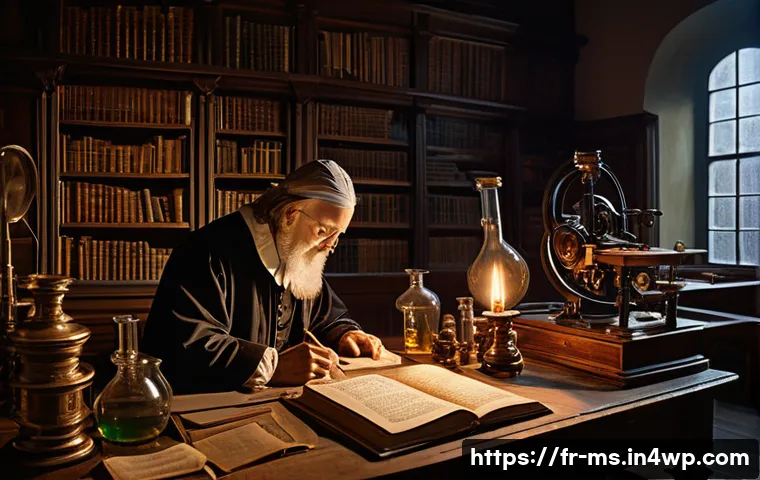 과학적 발견의 역사적 사건 목록 - A detailed scene of a 17th-century scientific laboratory featuring Francis Bacon and Galileo conduct...
